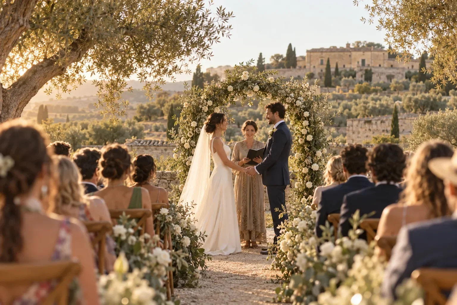 Outdoor wedding ceremony among olive trees at a country estate near Noto, Sicily