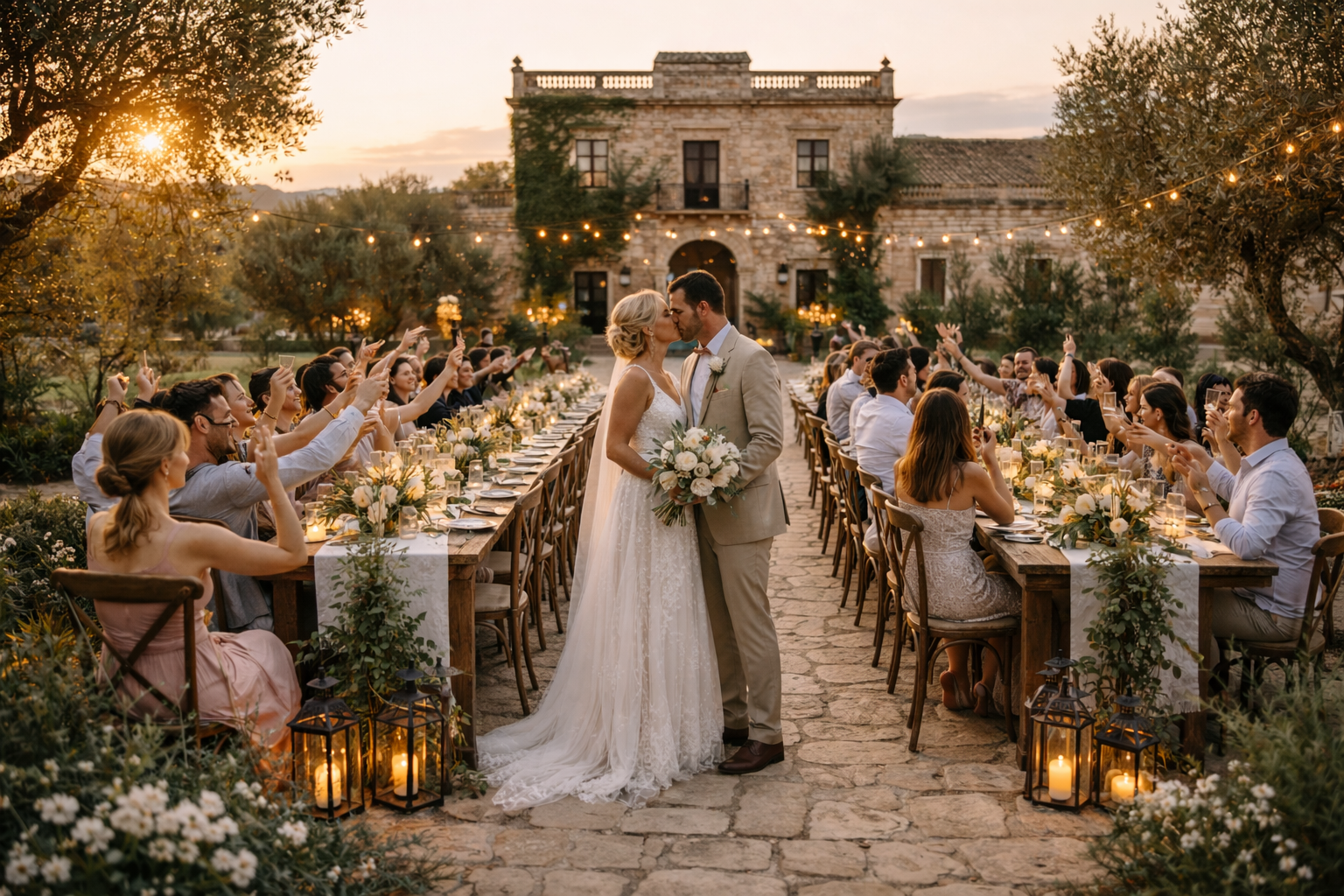 Luxury destination wedding reception at a historic Sicilian Dimora Delle Balze at sunset.