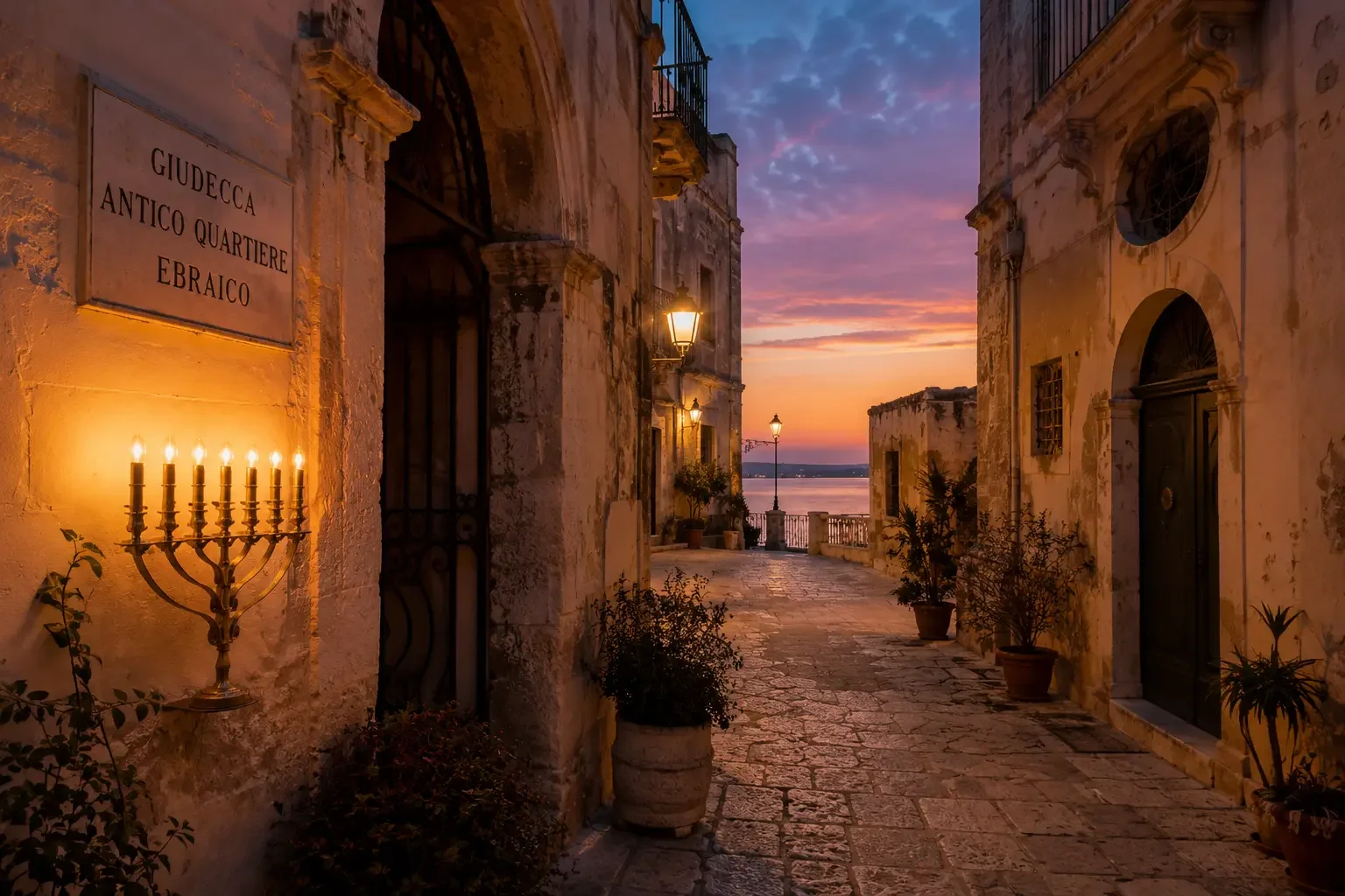 The Giudecca, historic Jewish quarter of Ortigia in Syracuse, Sicily, at dusk.