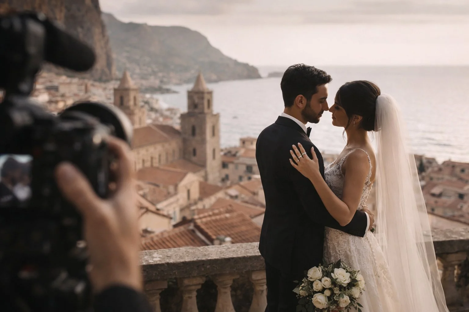 Wedding videographer filming a couple during a destination wedding in Cefalù, Sicily, with cinematic view of the town and sea.