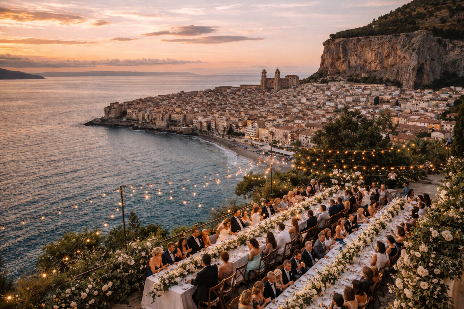 Luxury destination wedding reception in Cefalù Sicily overlooking the Mediterranean sea.