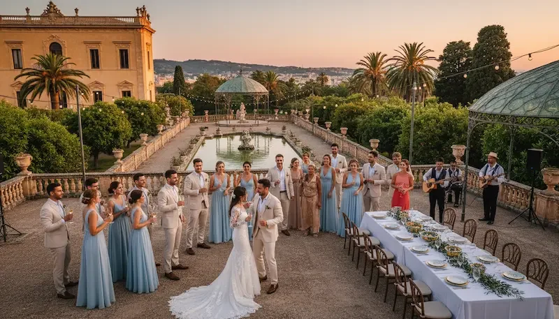 Outdoor wedding reception in a historic villa tasca in Palermo, Sicily, with live music and long dining table at sunset