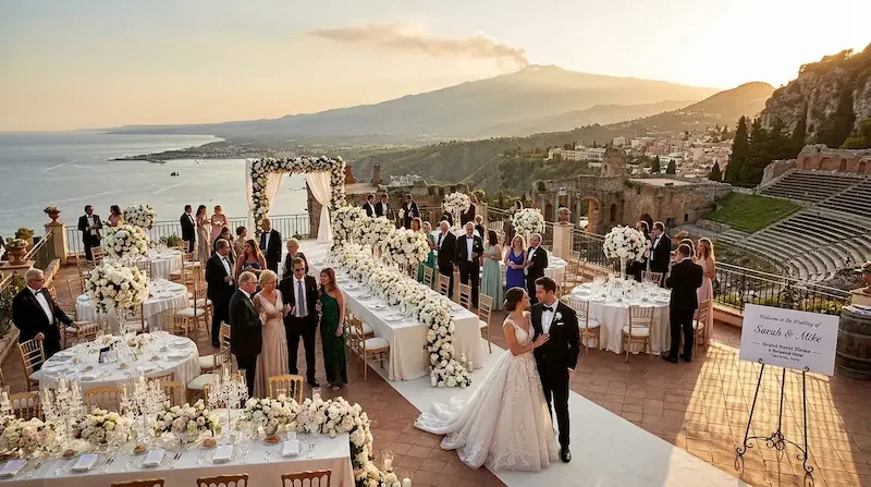 Luxury destination wedding at Grand Hotel Timeo Taormina Sicily — couple during ceremony on the terrace with Mount Etna and the Ionian Sea in the background