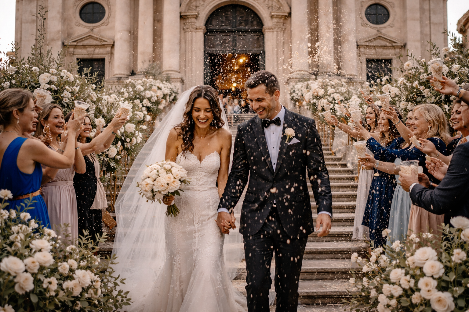 Bride and groom exiting the Duomo of Ragusa Ibla during a destination wedding in Sicily.