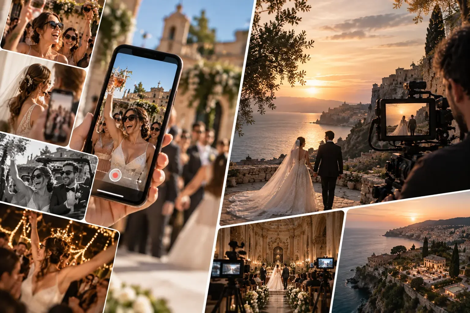 Wedding videographer and content creator capturing a destination wedding in Sicily, comparing professional wedding filmmaking with social media content.