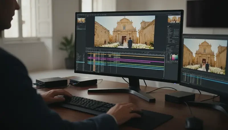 Wedding videographer editing a cinematic film in Sicily — reflecting on the role of AI in wedding videography