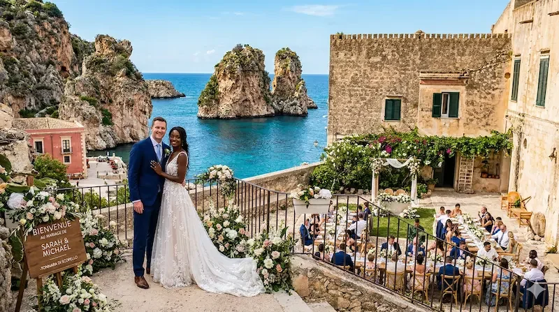 Luxury destination wedding at Tonnara di Scopello in Sicily, Italy, couple overlooking the sea with iconic faraglioni and Mediterranean landscape