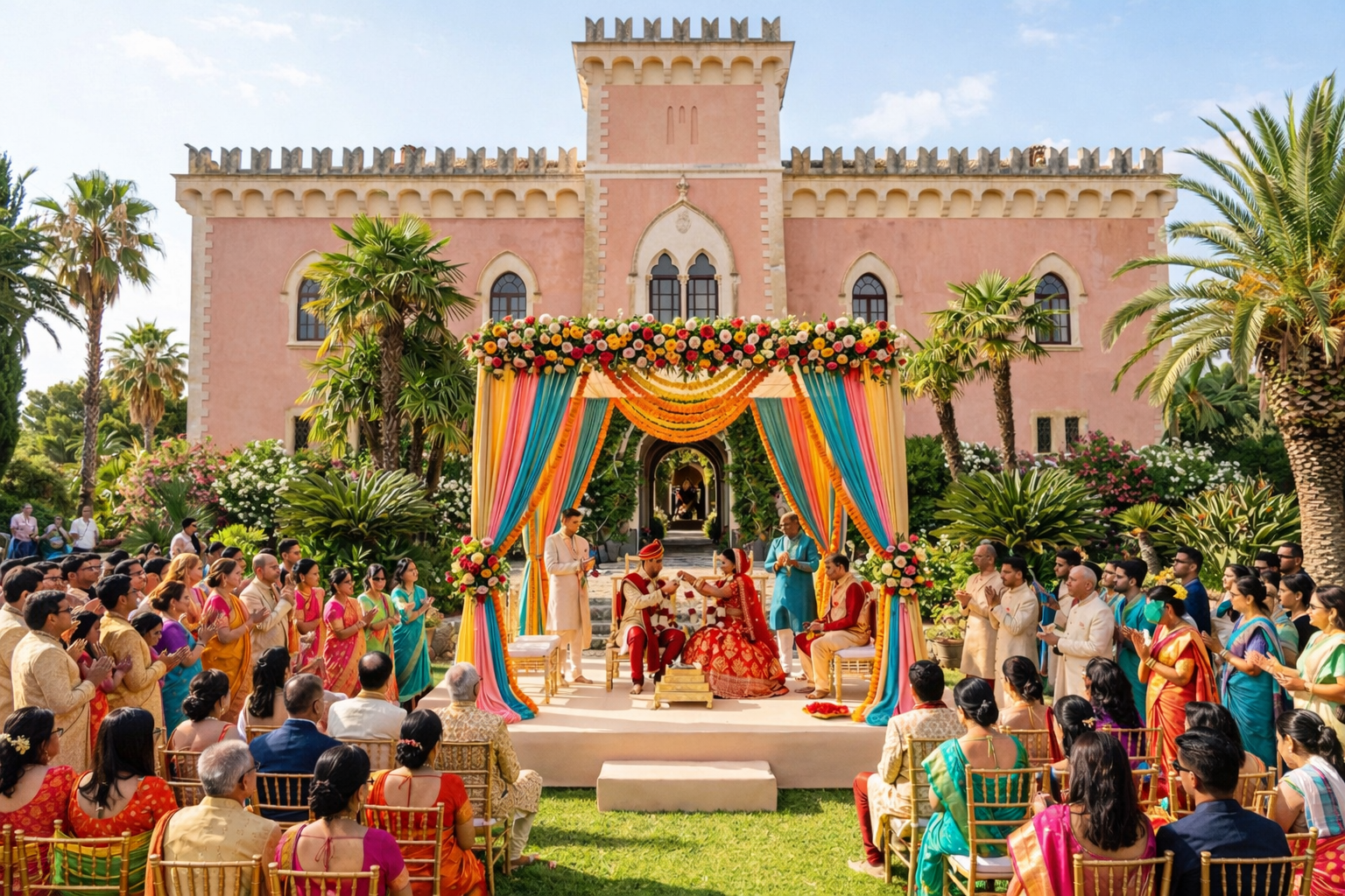 Elegant Indian destination wedding at Castello Xirumi in Sicily, Italy, traditional ceremony with mandap, vibrant colors and luxury Mediterranean venue