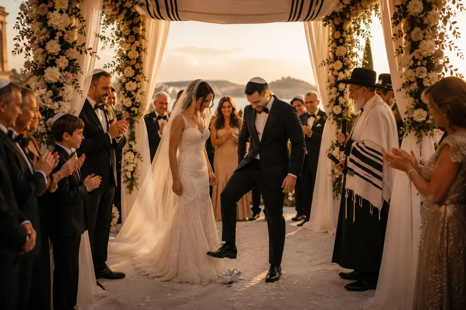 Breaking of the glass at the end of a Jewish wedding ceremony under the chuppah in Sicily, Italy.
