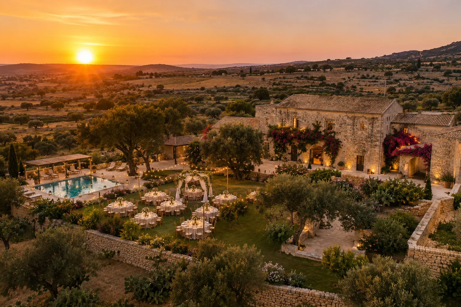 Drone view at sunset of a stone country villa set up for a wedding in the Sicilian countryside