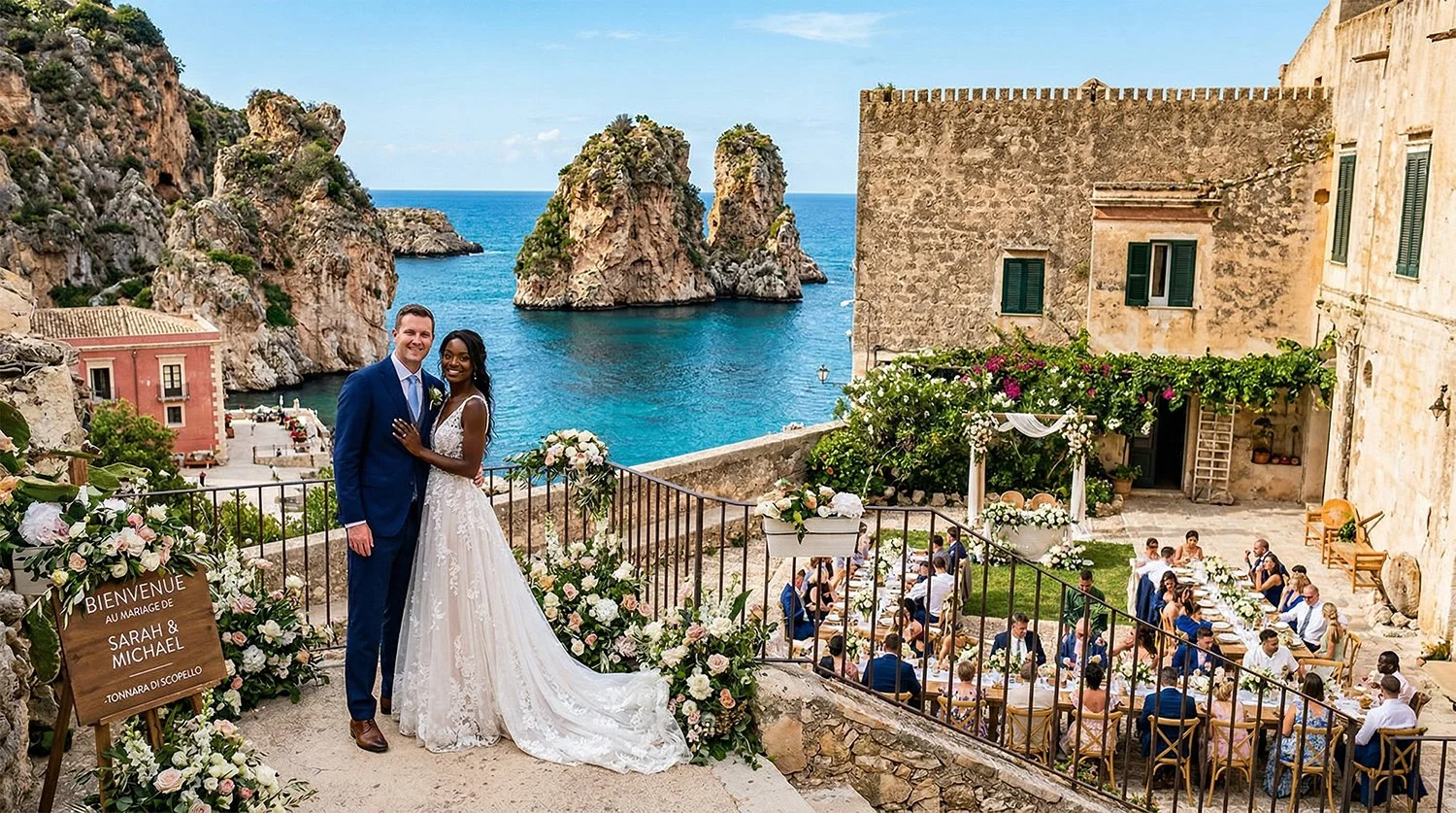 Luxury destination wedding at Tonnara di Scopello in Sicily, Italy, couple overlooking the sea with iconic faraglioni and Mediterranean landscape