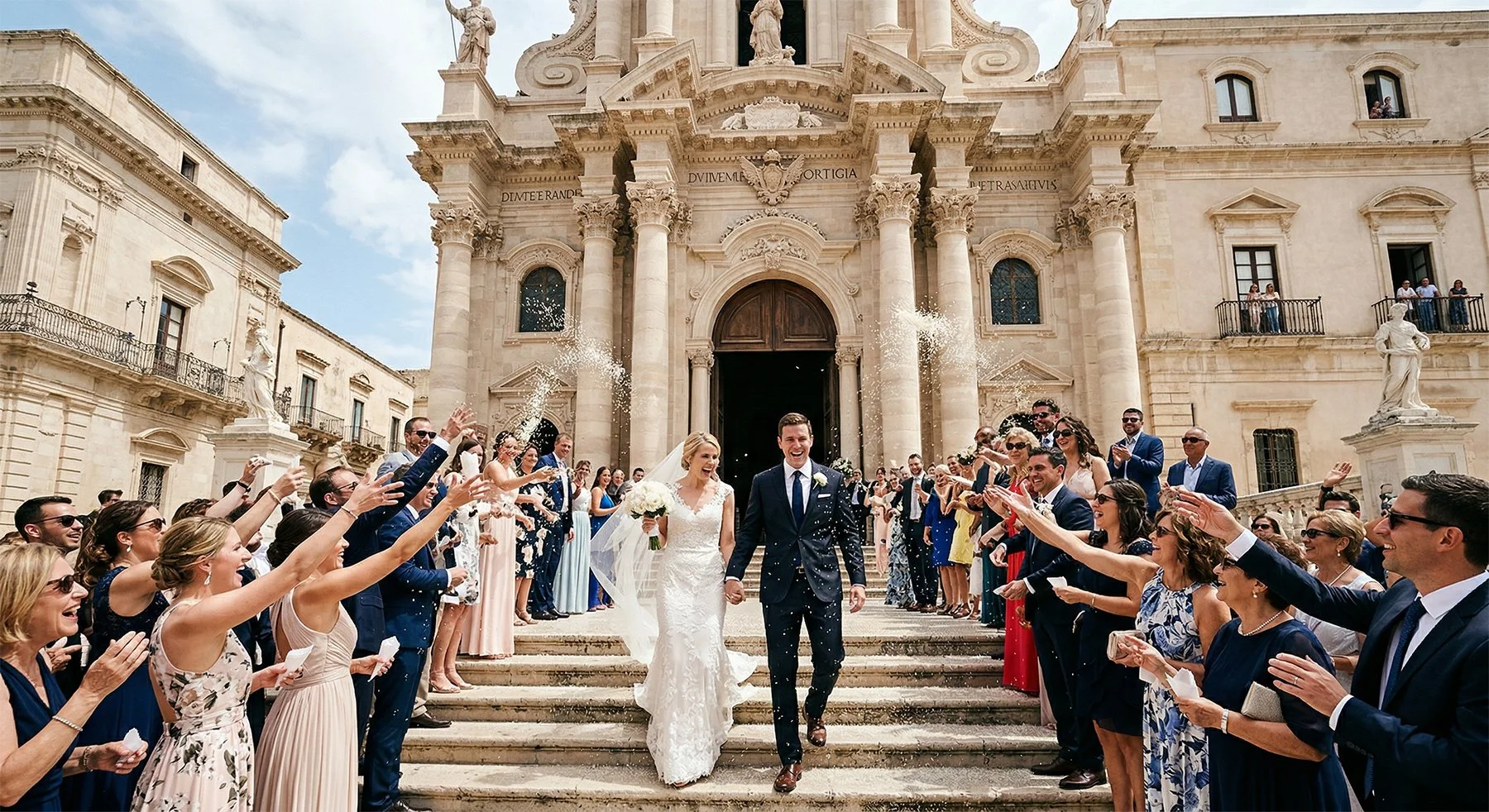 American destination wedding in Ortigia Sicily, couple exiting cathedral with rice toss celebration