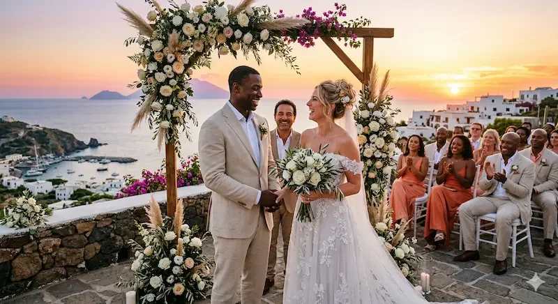 Luxury destination wedding in Panarea, Sicily, romantic sunset ceremony overlooking the sea in the Aeolian Islands, Italy