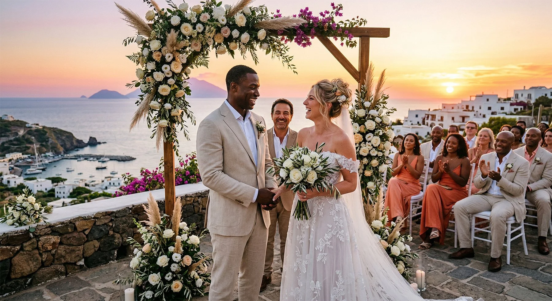 Luxury destination wedding in Panarea, Sicily, romantic sunset ceremony overlooking the sea in the Aeolian Islands, Italy
