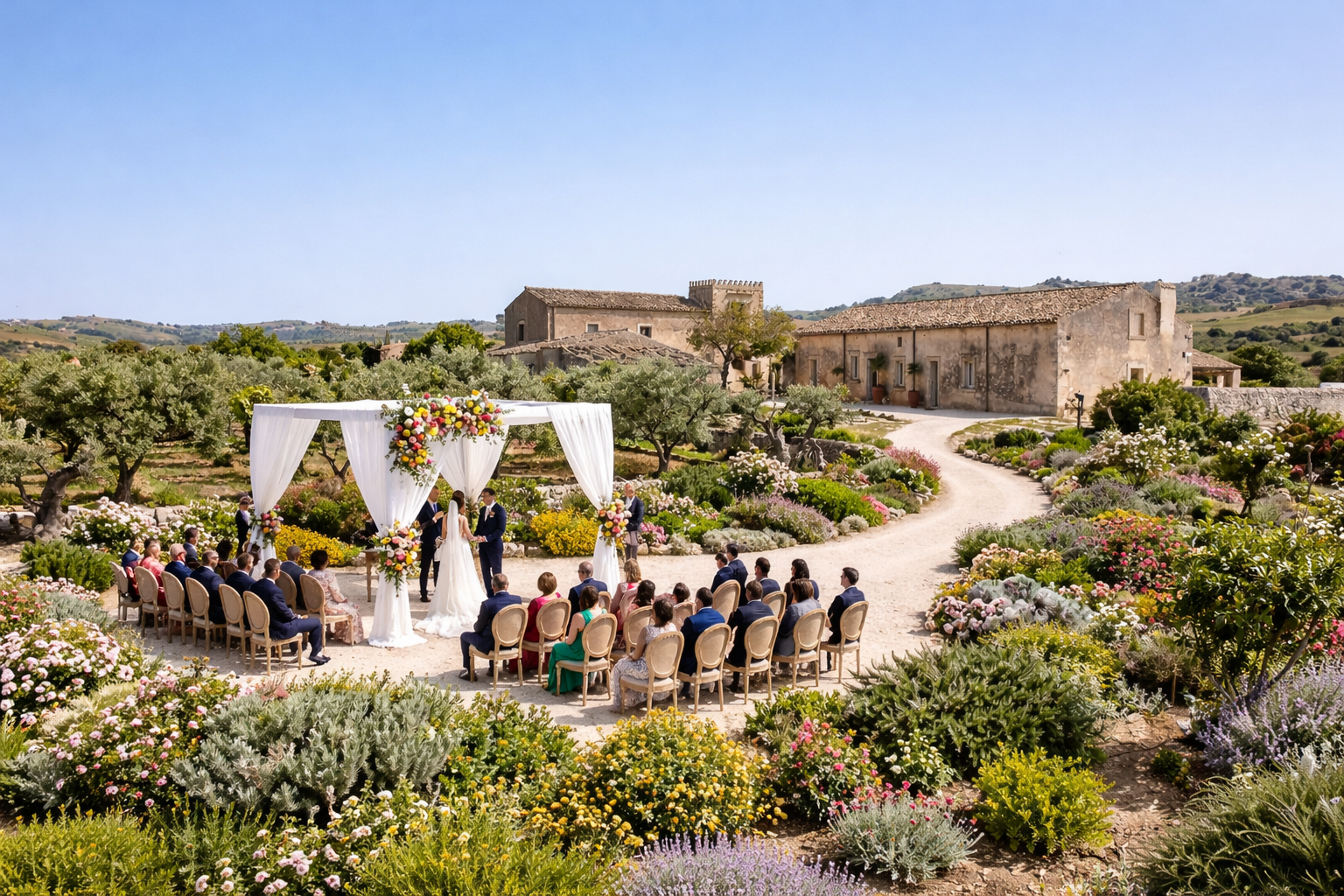 Elegant luxury wedding at Dimora delle Balze in Noto, Sicily, destination wedding ceremony in a historic countryside estate surrounded by Mediterranean gardens