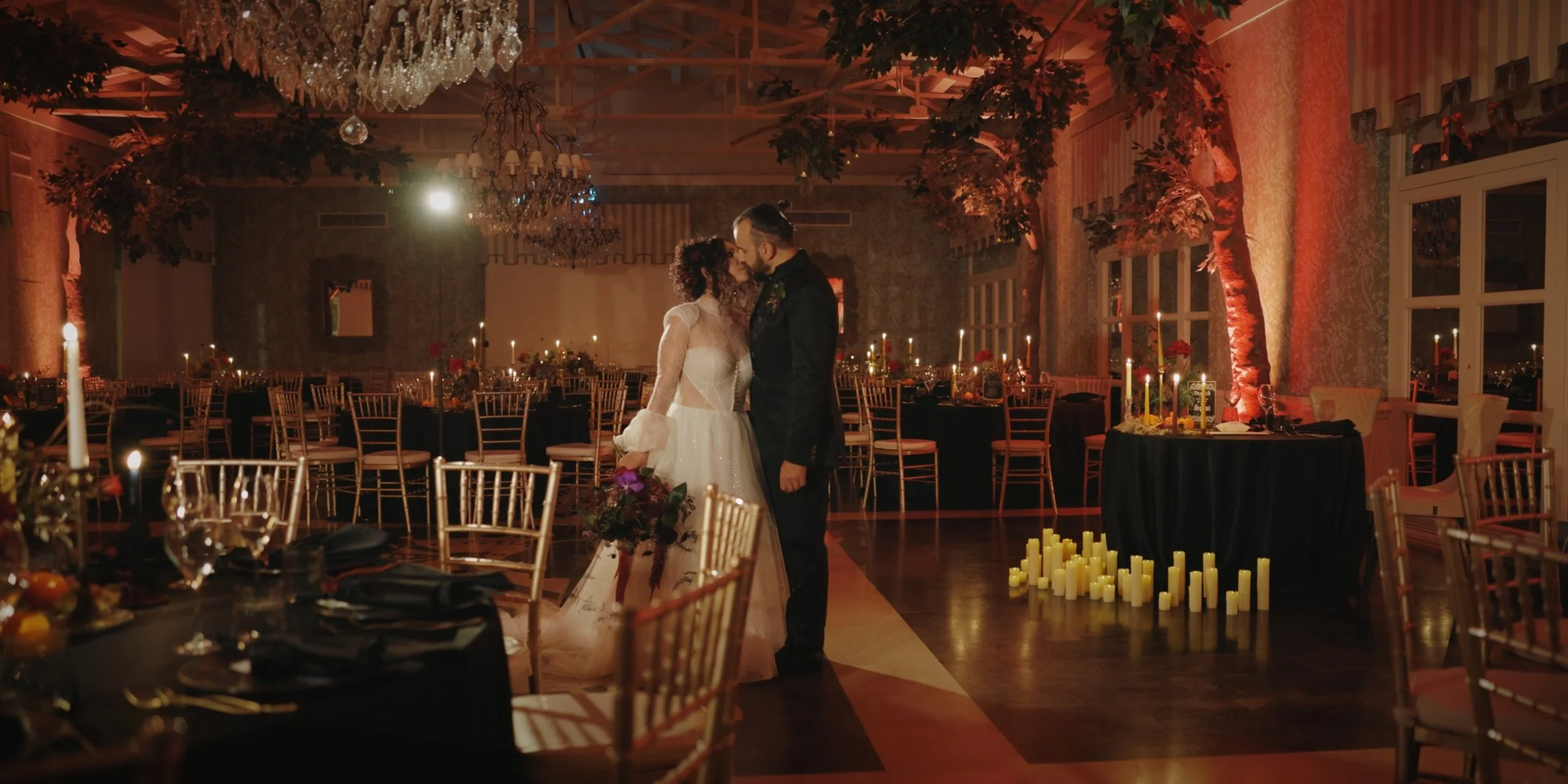 Candlelit wedding reception at night at Villa Criscione, Ragusa