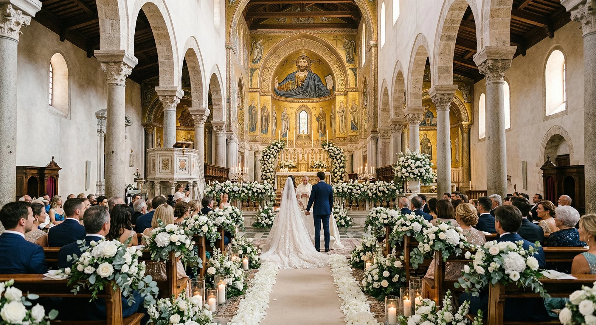 Luxury wedding at Cefalù Cathedral in Sicily, Italy, elegant church ceremony inside a historic Norman cathedral with golden mosaics