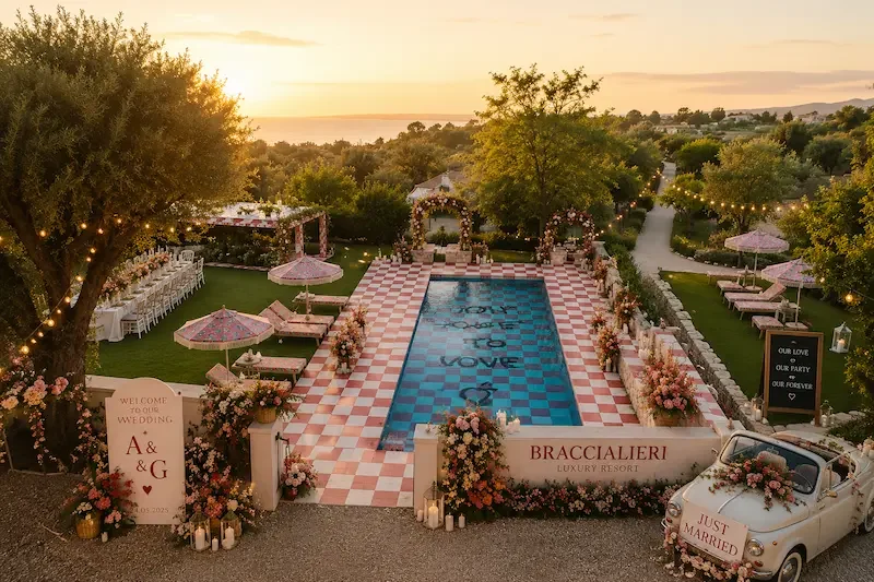 Luxury destination wedding in Braccialieri Resort Sicily, romantic sunset ceremony overlooking the sea in Noto, Italy