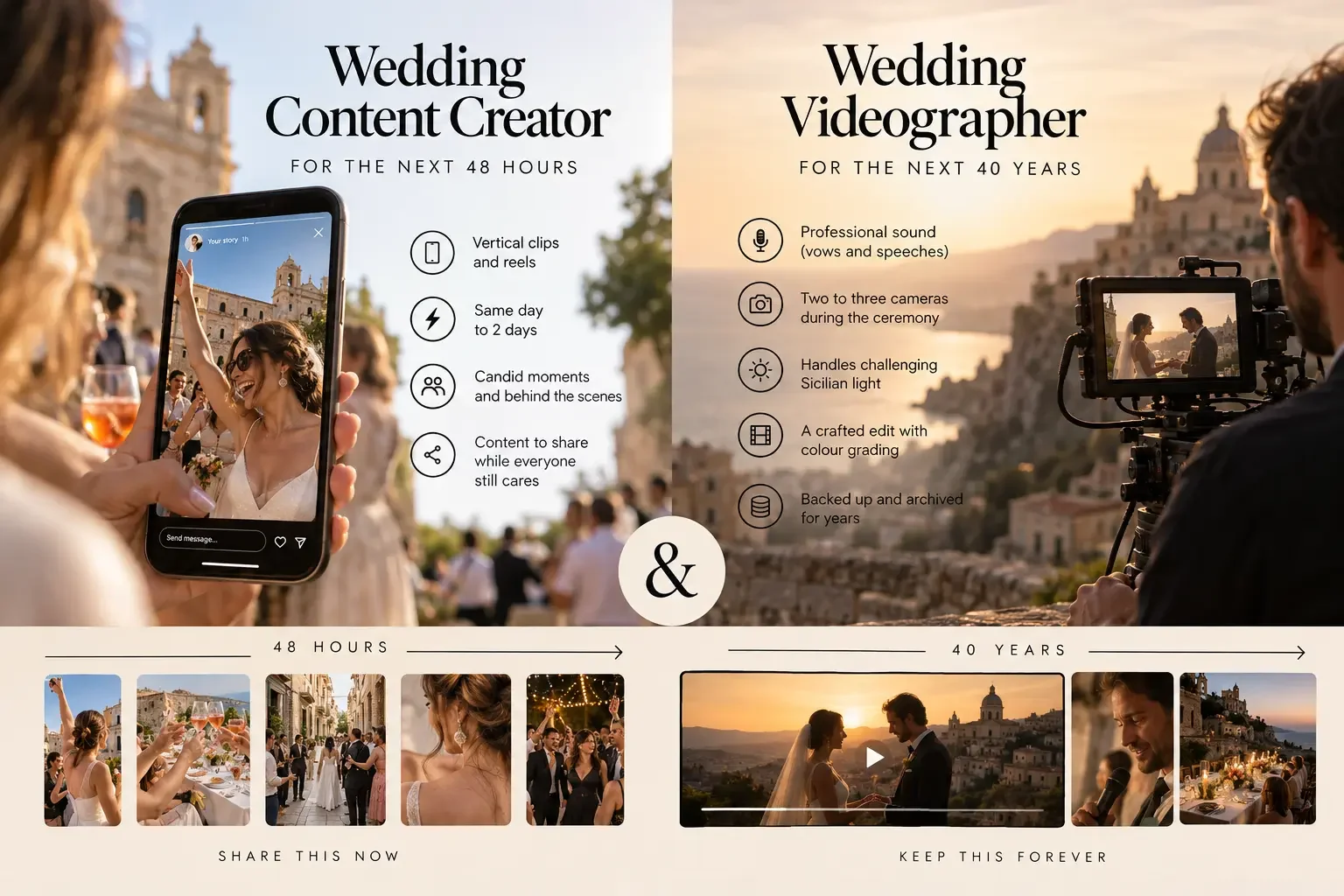 Wedding Content Creator vs Videographer in Sicily: 48 hours of social content vs 40 years of memories.