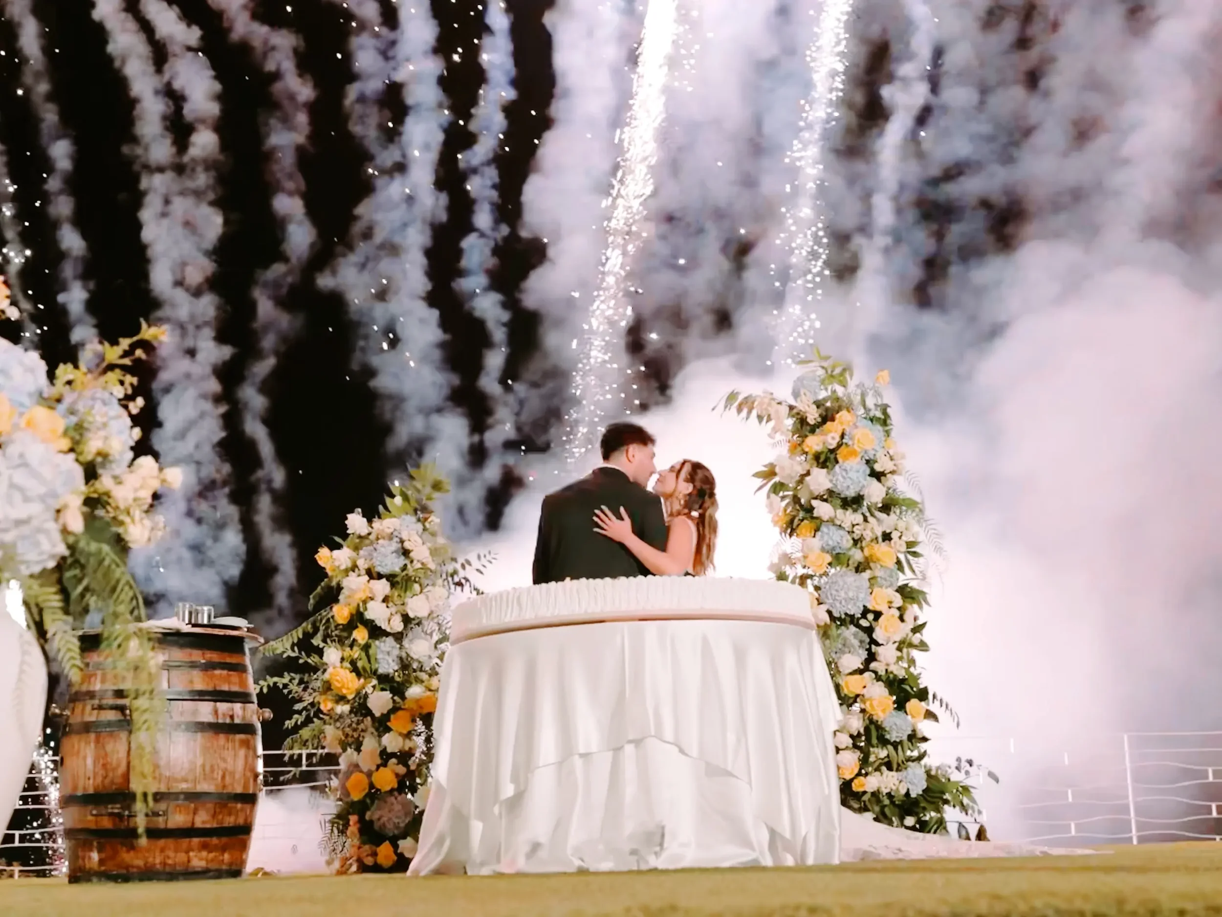 Spectacular fireworks display during a destination wedding reception at Villa Hera in Milazzo, Sicily, celebrating Giann Luke and Roberta’s wedding.