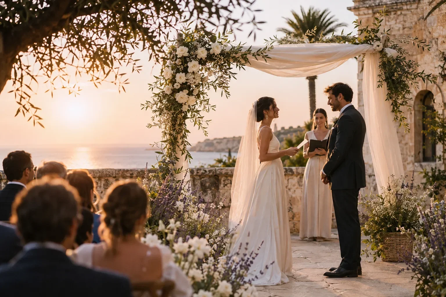 Sunset wedding ceremony on a stone terrace overlooking the sea near Syracuse, Sicily