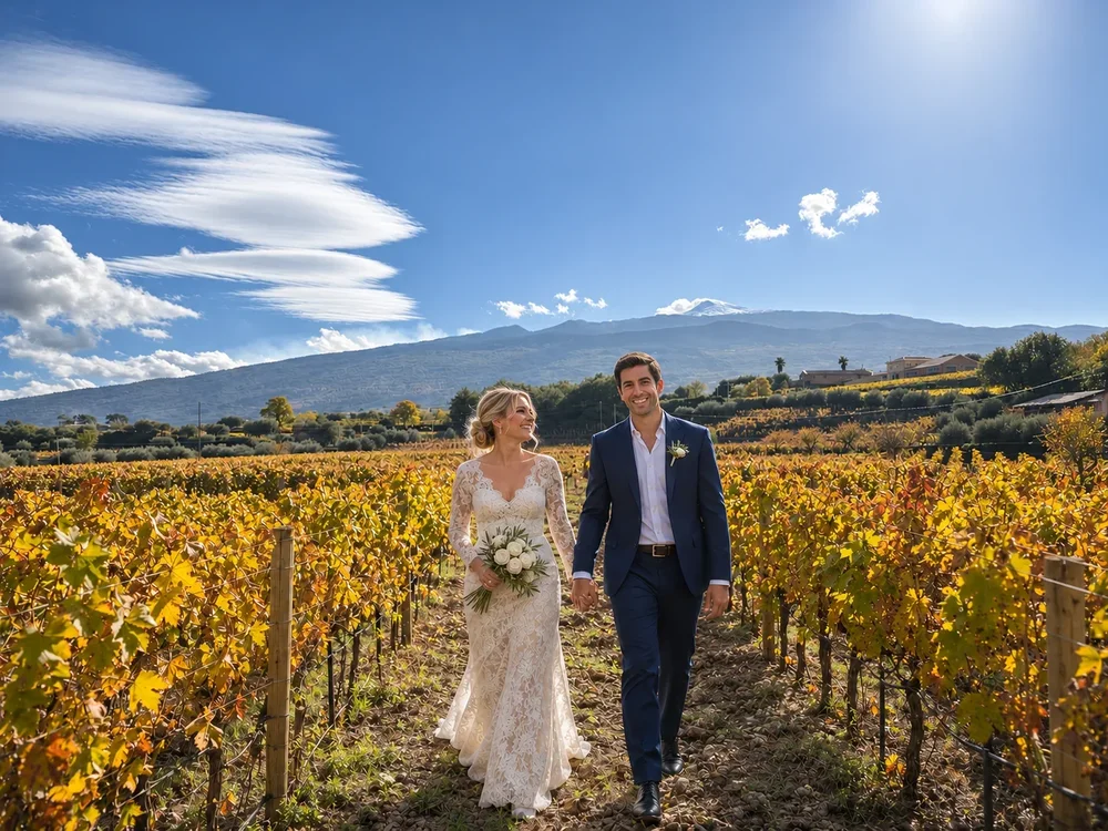 Bride and groom walking through an autumn vineyard on Mount Etna, Sicily