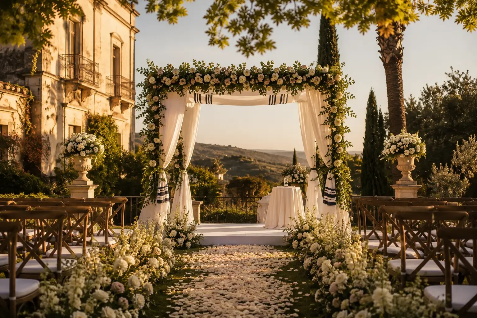 Outdoor chuppah set in the garden of a historic villa in the Val di Noto, Sicily.