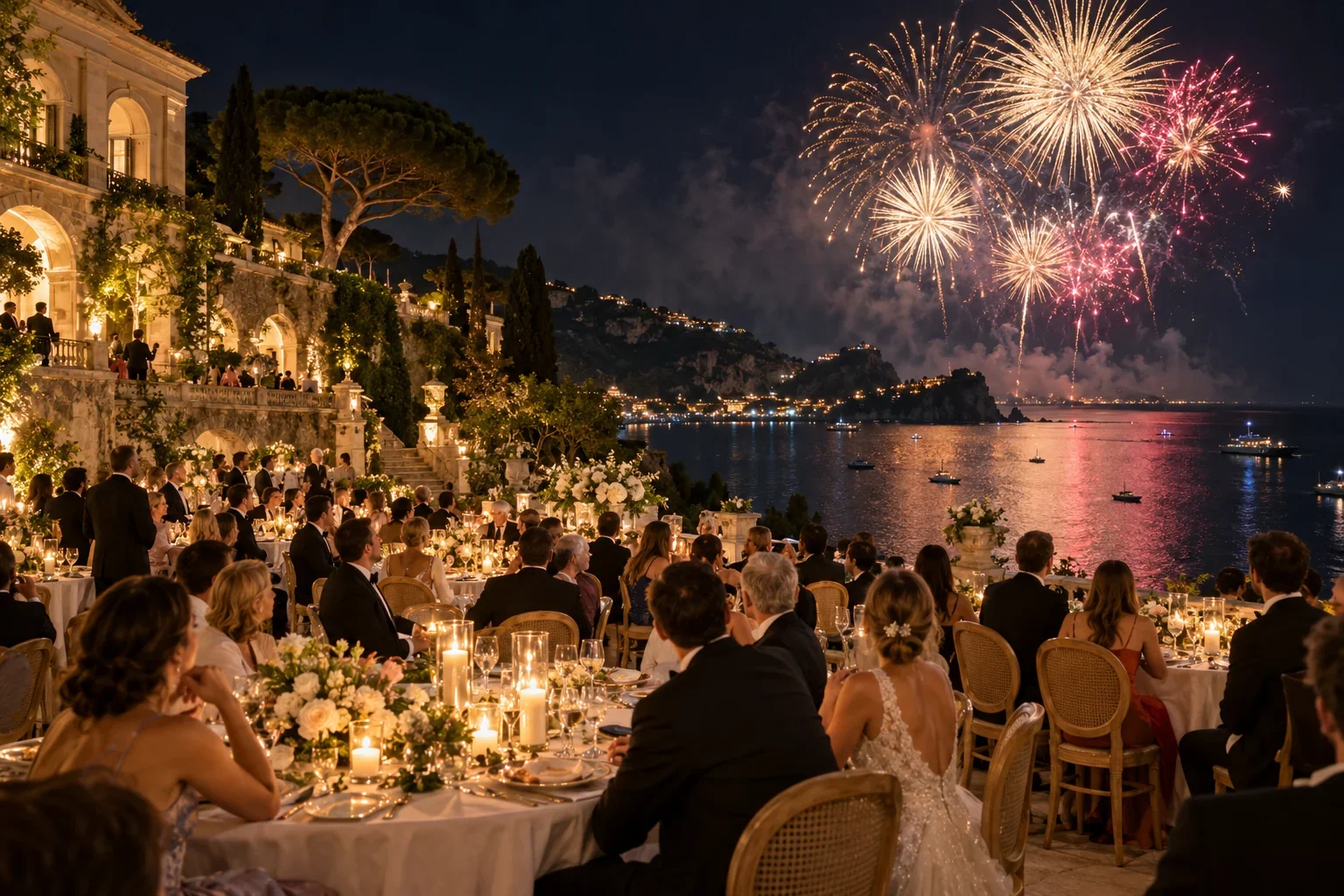 Fuochi d’artificio sul ricevimento di nozze all’aperto in una villa sul mare in Sicilia