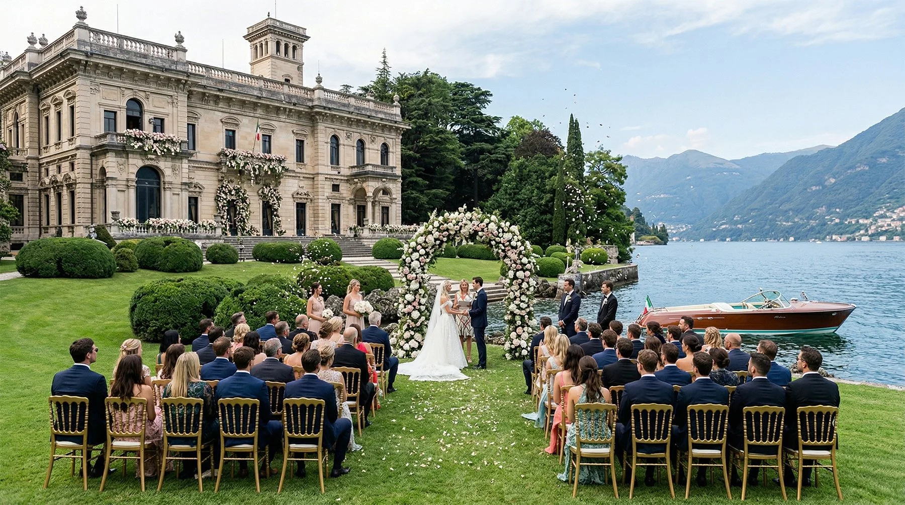 Romantic wedding couple at Villa Erba on Lake Como, cinematic destination wedding in Italy overlooking the lake and historic villa.