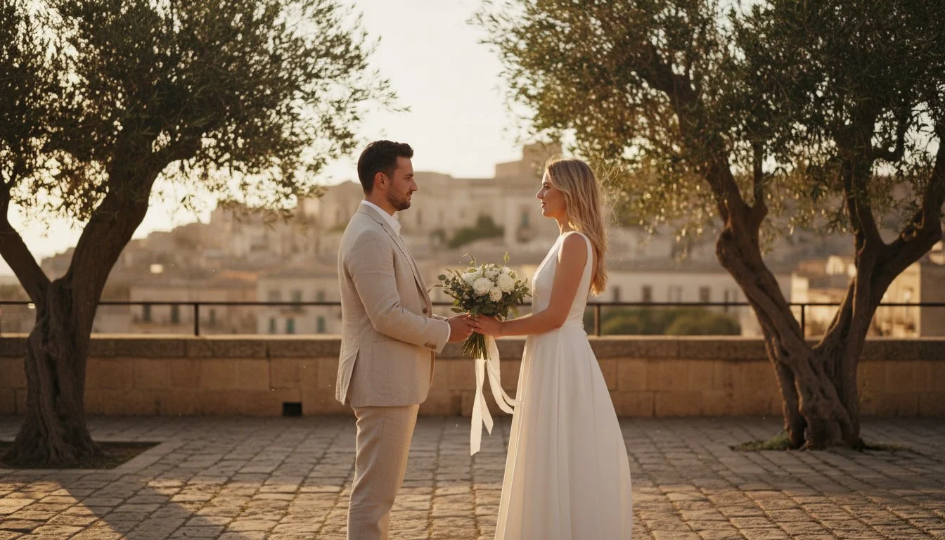 Elopement ceremony in Ragusa Ibla Sicily — couple exchanging vows on a baroque terrace with olive trees, cinematic wedding film by Film Vision