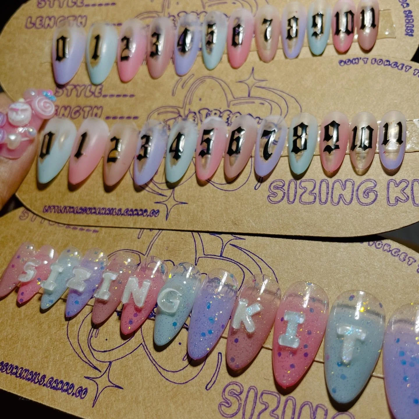 Working on #sizingkits with #inhouse cut and backing cards, all handmade in #LosAngeles. #update Site updates are underway, taking breaks to assemble sets. #littletreasurenails