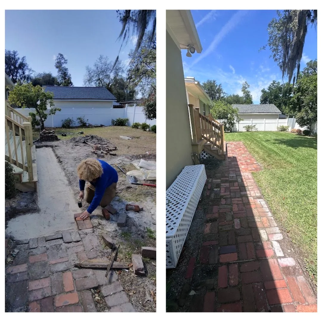 Comparison of a backyard patio before and after remodeling: Left side shows a person laying bricks on a partially completed brick walkway, with construction tools and materials around. Right side shows the finished brick pathway along the house, with