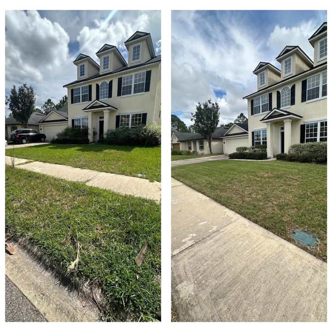 Side-by-side comparison of a house with overgrown grass on the left and well-maintained grass on the right, with cloudy sky overhead.
