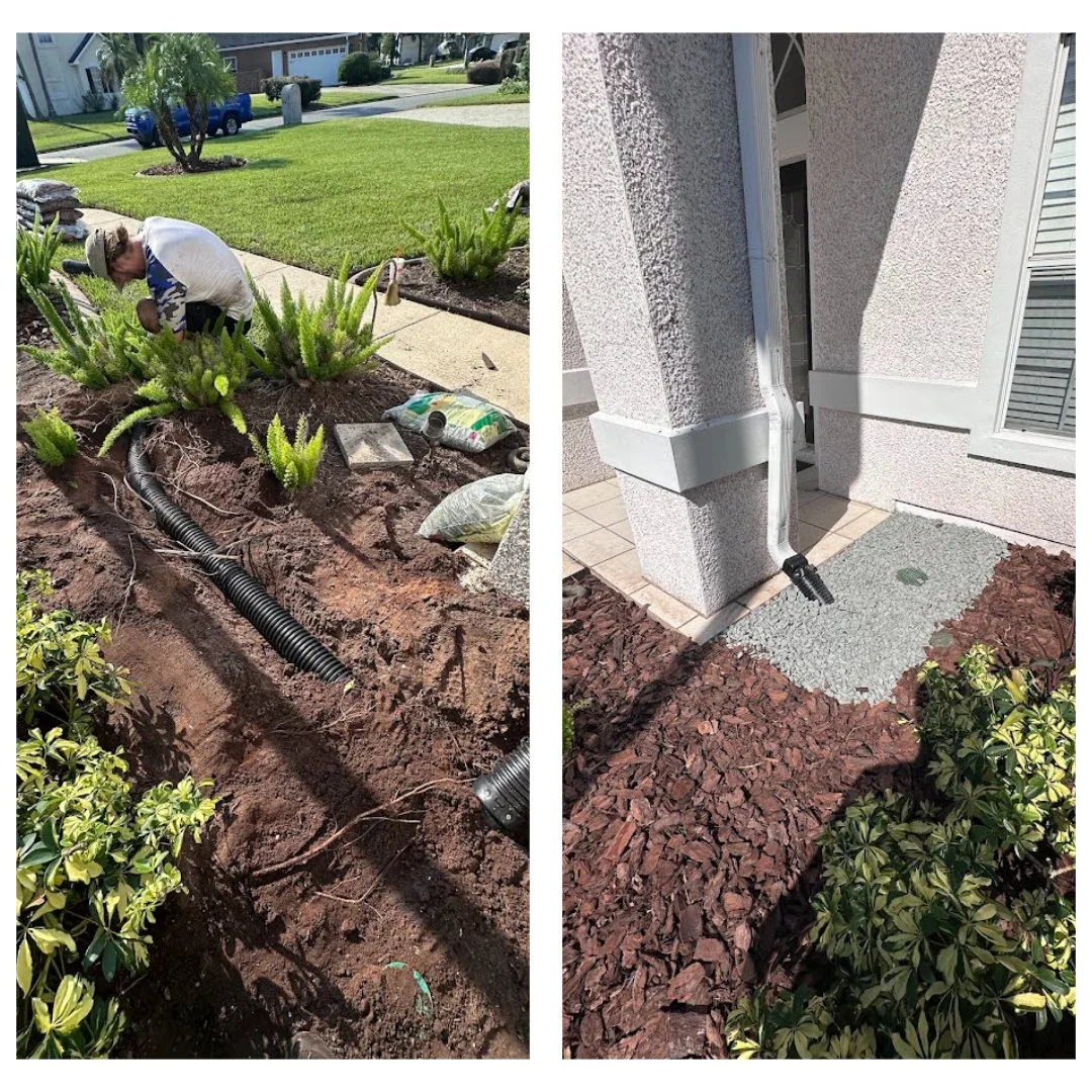 Left side: A person is working in a garden bed with green plants and cactus, using gardening tools, with a house and street in the background. Right side: The corner of a house with a downspout pipe, surrounded by mulch and small pavers, with a bush 