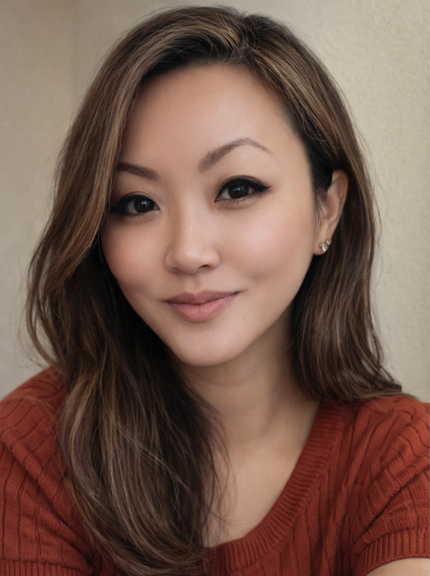 A woman with shoulder-length brown hair, wearing a red top, smiling softly, with a neutral beige background.