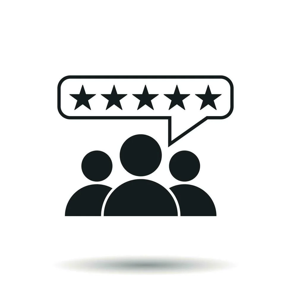 Group of three people with a speech bubble showing a five-star rating above them.