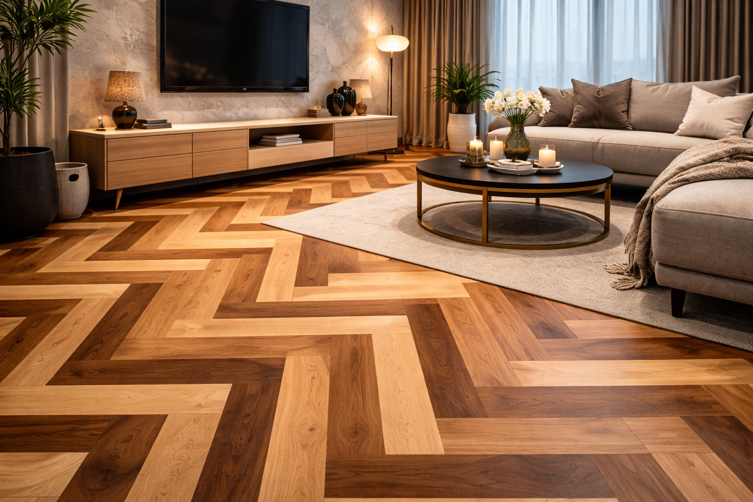 Living room with herringbone wood floor, beige sofa, round coffee table with candles and flowers, TV mounted on the wall, sideboard with decor, potted plants, curtains.