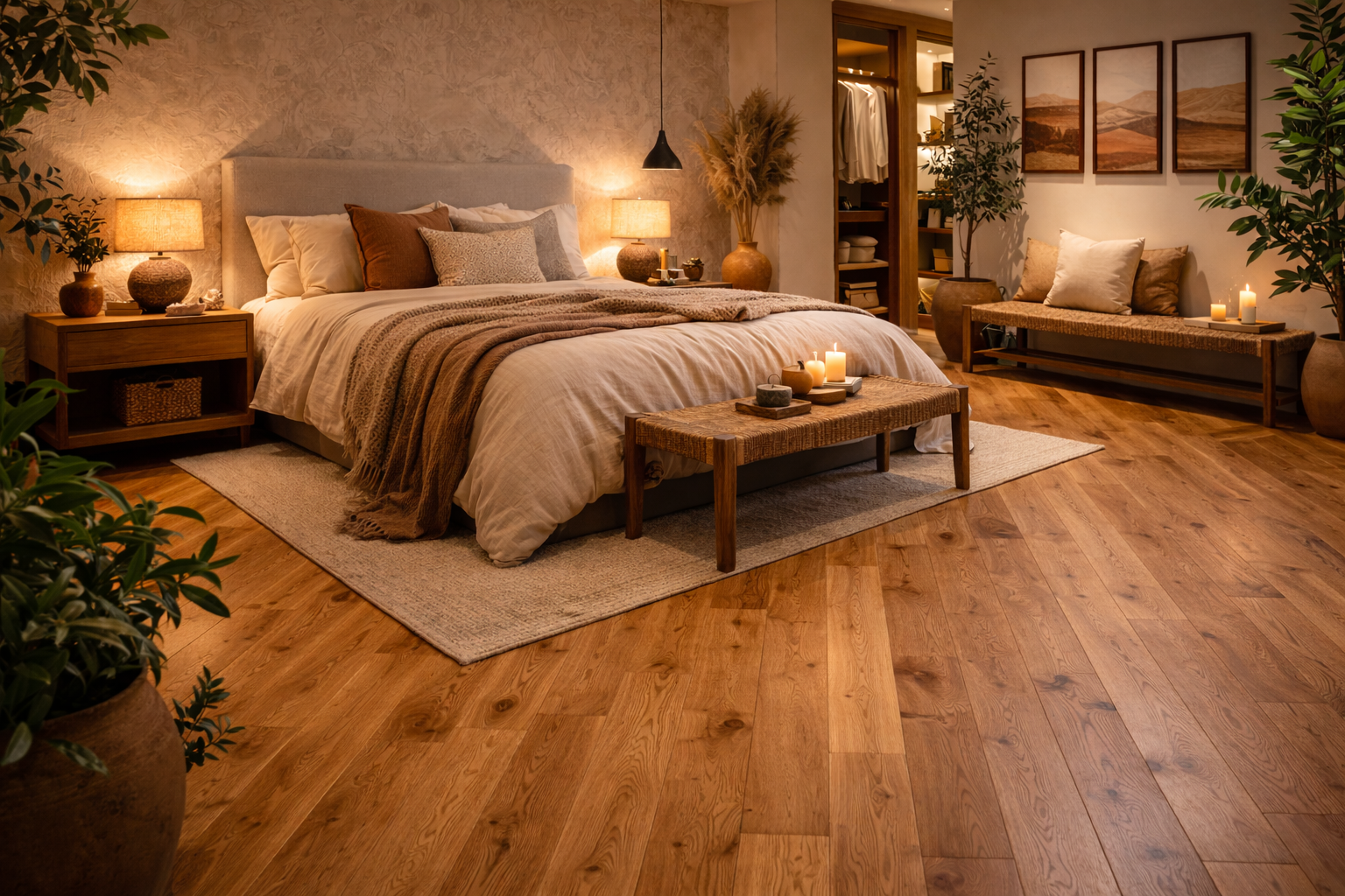 A cozy bedroom with warm lighting, a large bed with beige linens and multiple pillows, wooden nightstands with lamps, a woven bench with candles on top at the foot of the bed, a bench with pillows along the wall, framed landscape pictures on the wall, potted plants, an open closet visible in the background, and hardwood floors with a rug.