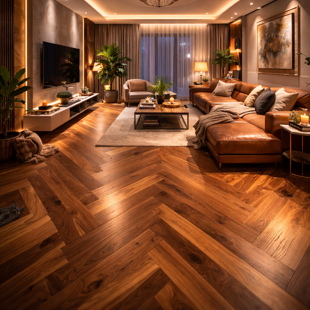 A cozy and stylish living room with warm lighting, wooden floor, brown leather sectional sofa, small coffee table, potted plants, TV, and wall art.