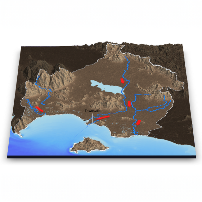 A map illustrating water flow and dams in a mountainous region near a body of water, with Townsvile marked nearby.