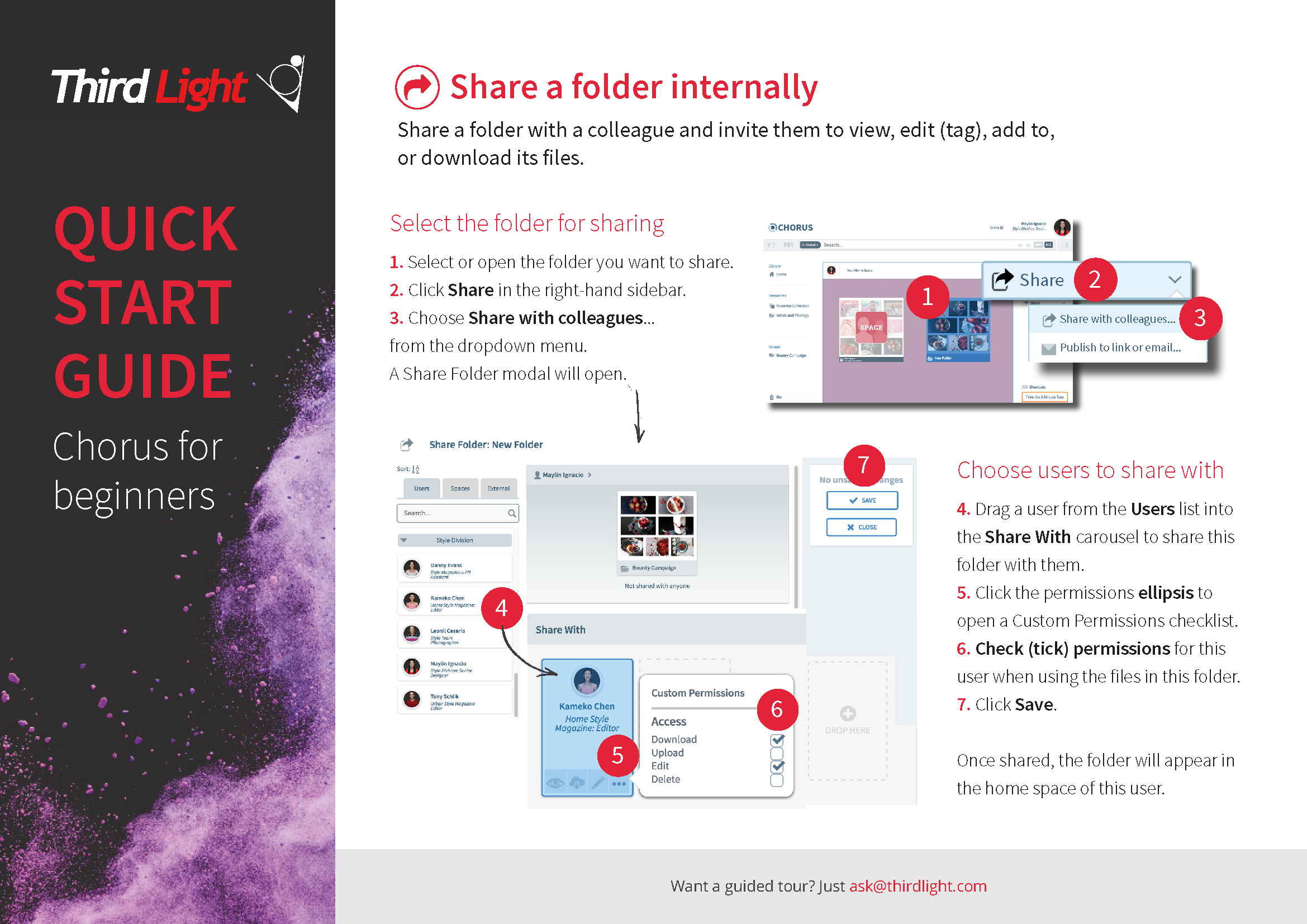 A guide for sharing a folder internally on Chorus for beginners, with instructions, screenshots, and numbered steps.