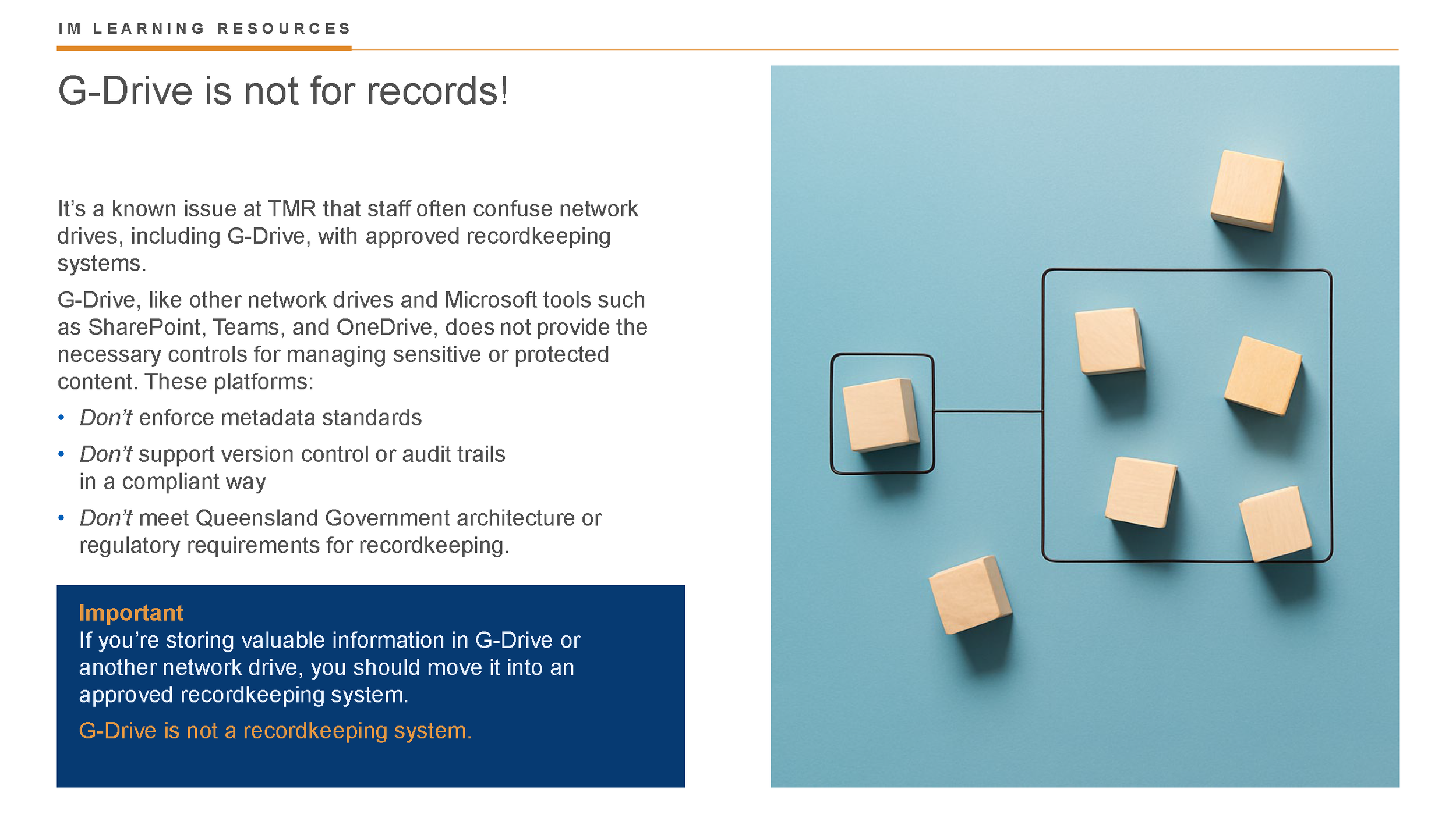 Educational infographic about G-Drive, showing a diagram with wooden cubes connected by black lines on a blue background.