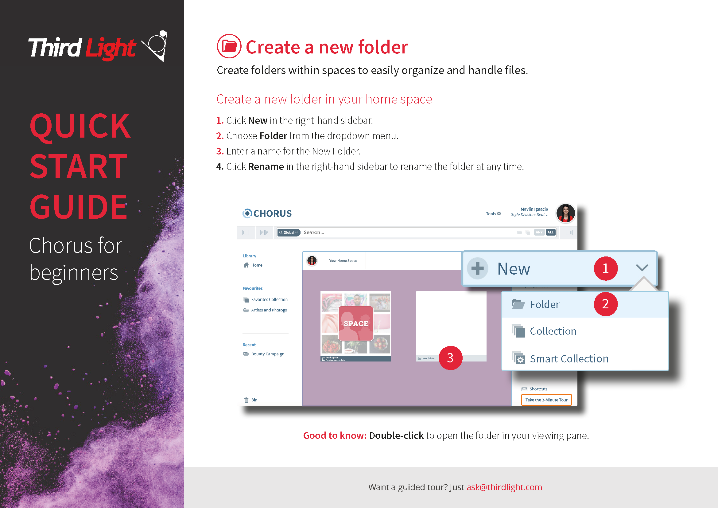 Guide for creating a new folder in a file management app, with labeled steps and a screenshot of the interface showing how to click 'New', then 'Folder', and enter a folder name.