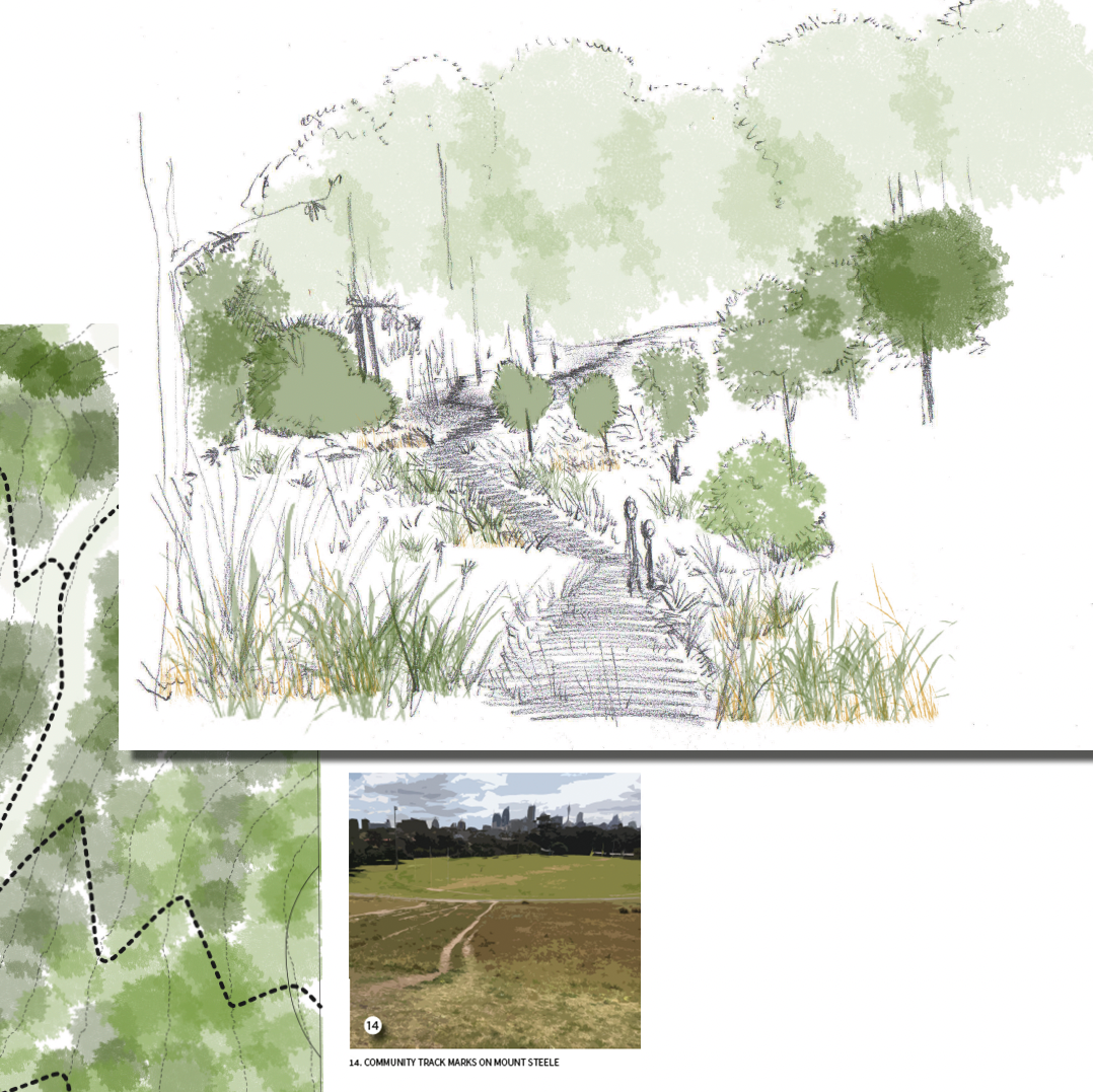 A hand-drawn sketch of a trail through a green landscape with trees, grass, and bushes, with a person walking on the trail.