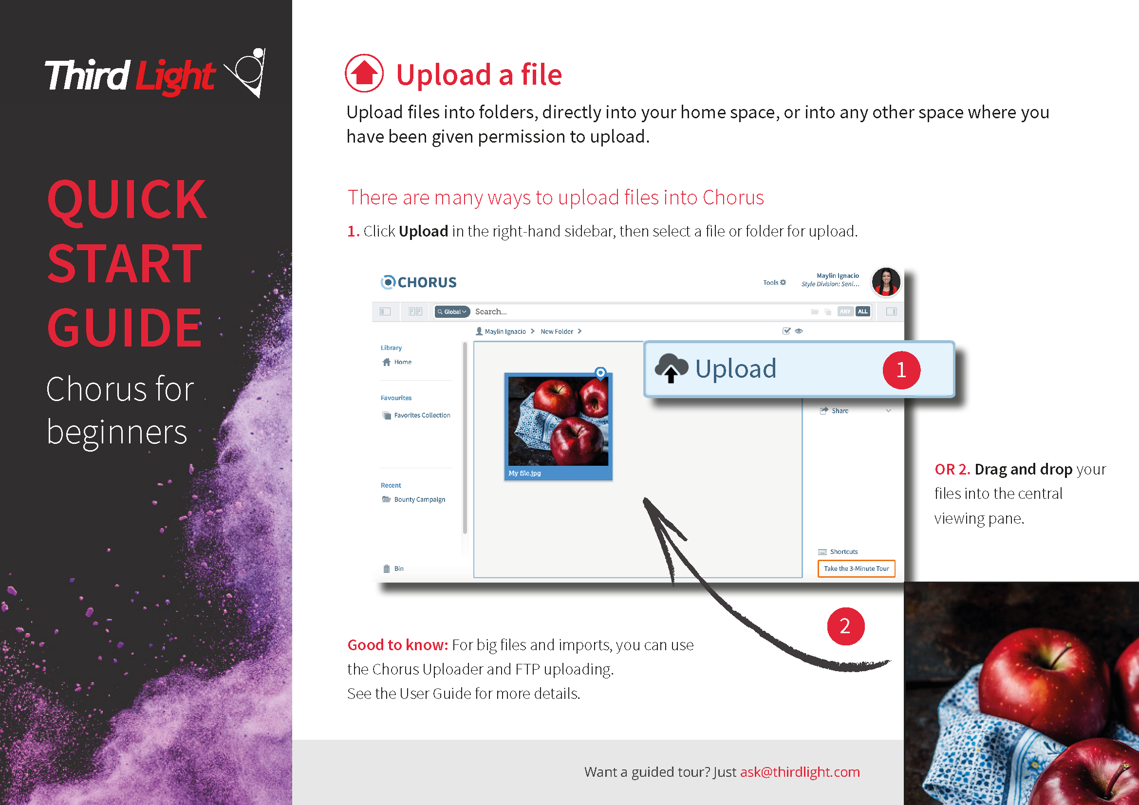 Guide for uploading files into Chorus, showing options to click upload or drag and drop files, with a screenshot of a file being uploaded and an image of apples in a cloth on the right side.