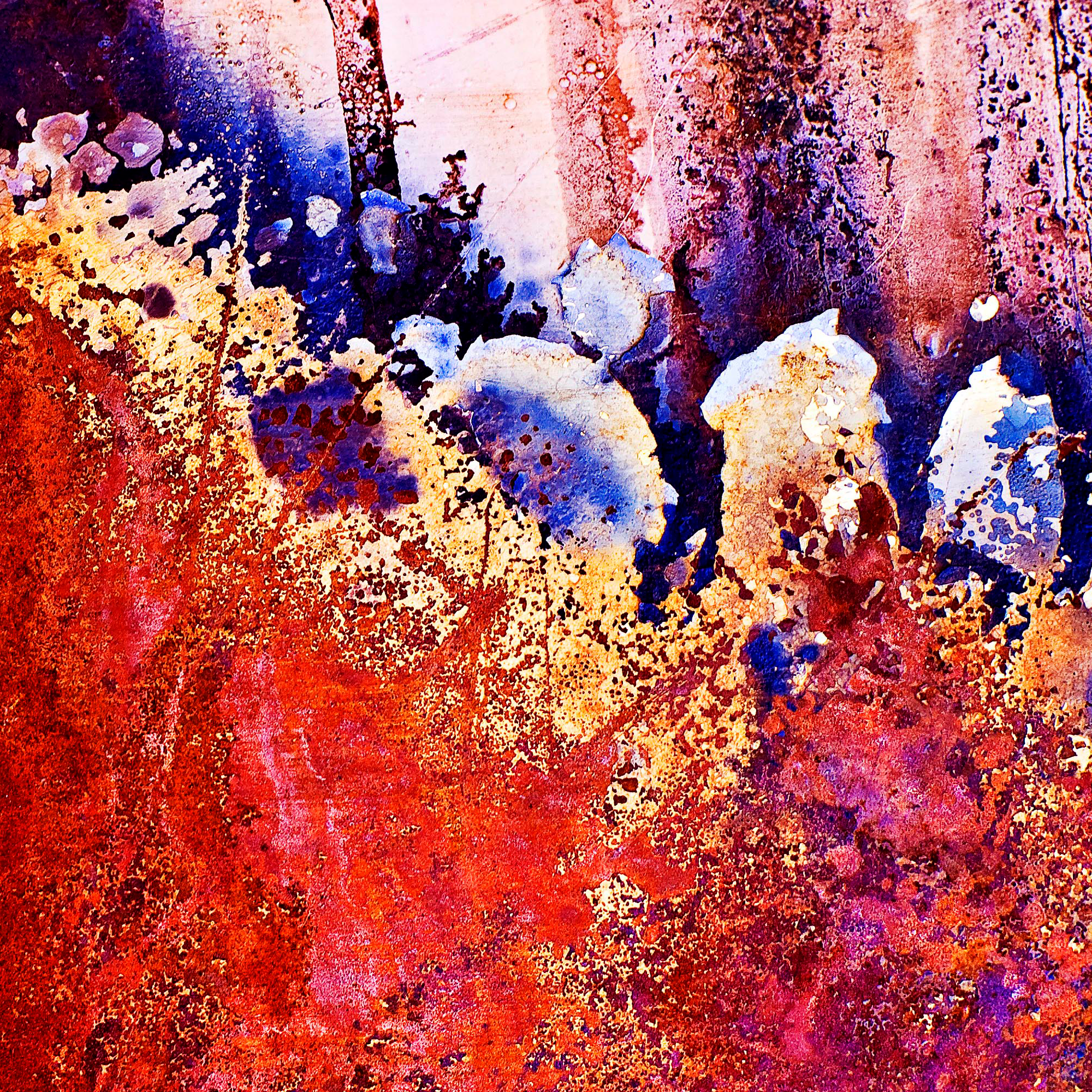 Abstract colorful painting with red, orange, purple, and white splashes and textures.