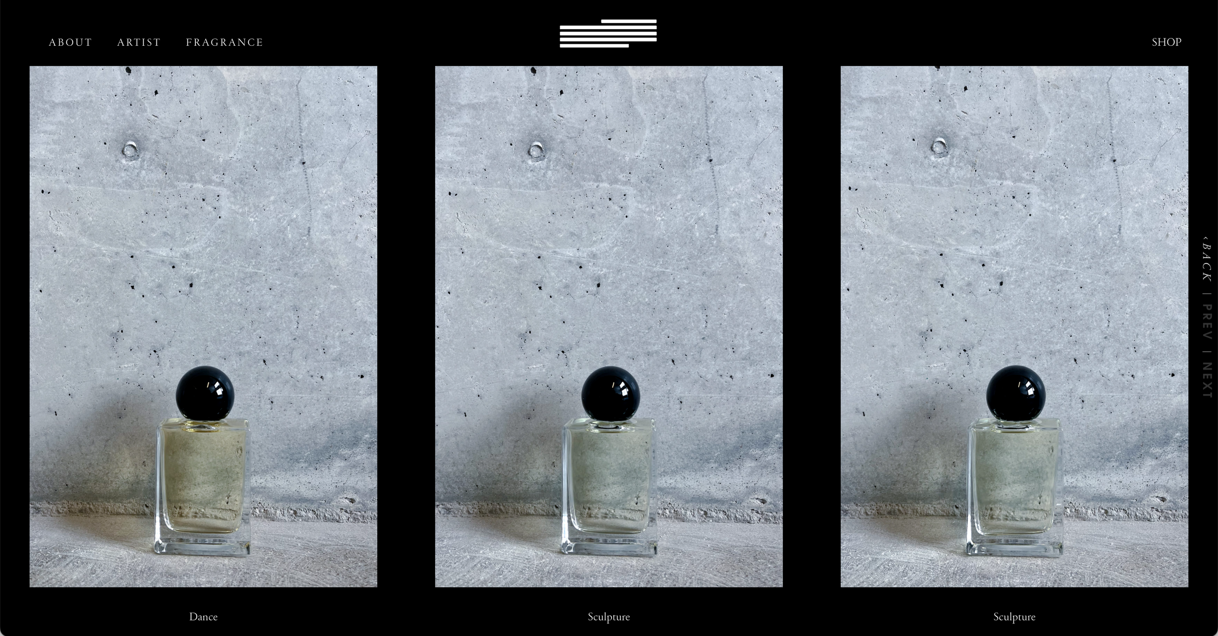 Three side-by-side images of a perfume bottle with a black spherical cap against a gray concrete wall. The images are part of a website layout with menu options labeled About, Artist, Fragrance, and navigation options for Back, Prev, Next.