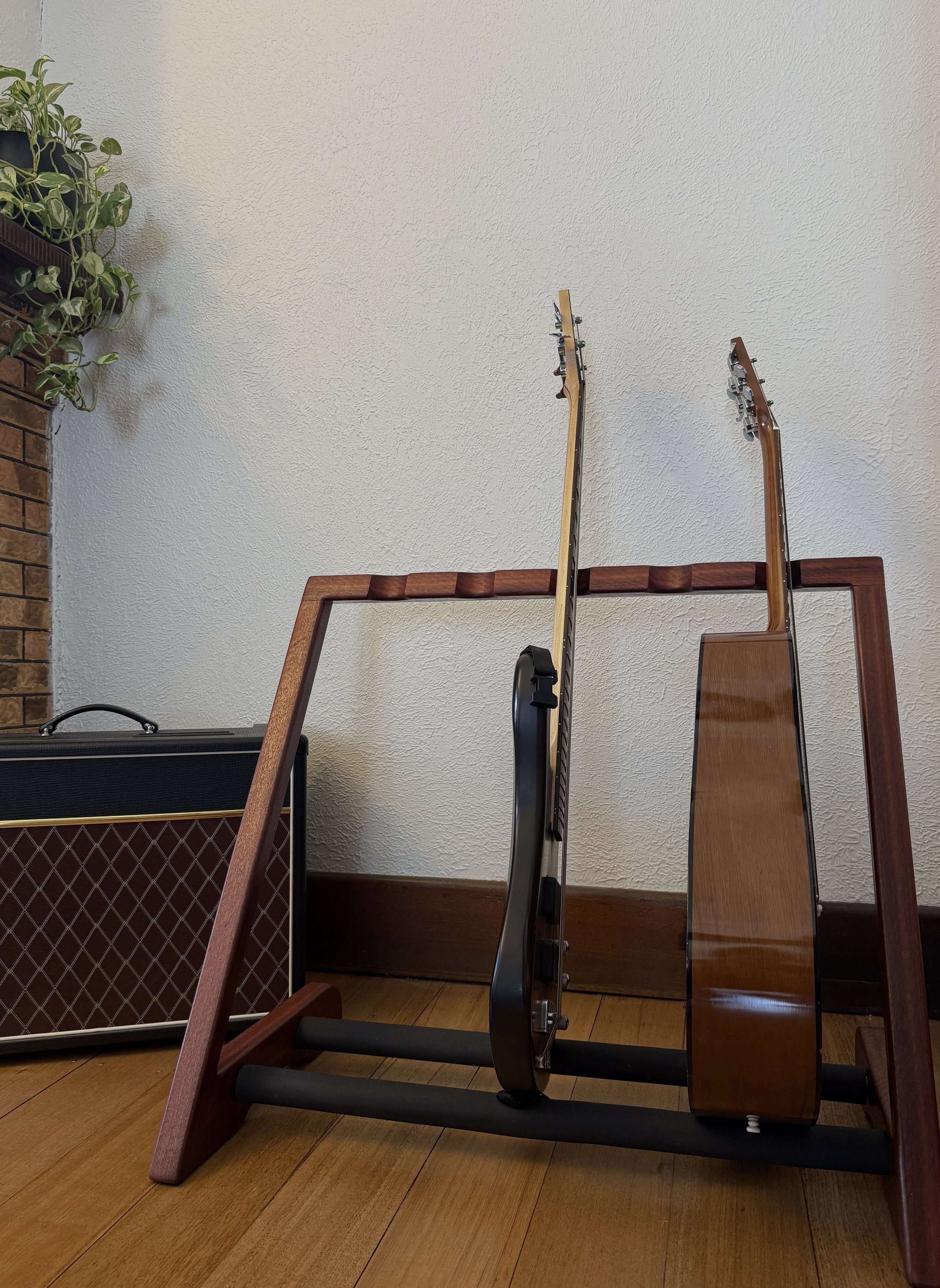 guitar stand. recycled jarrah.