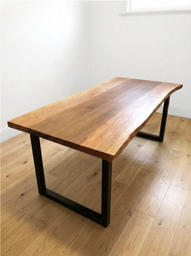 live edge table. ornamental pear live edge.  recycled hard wood centre panel. 
