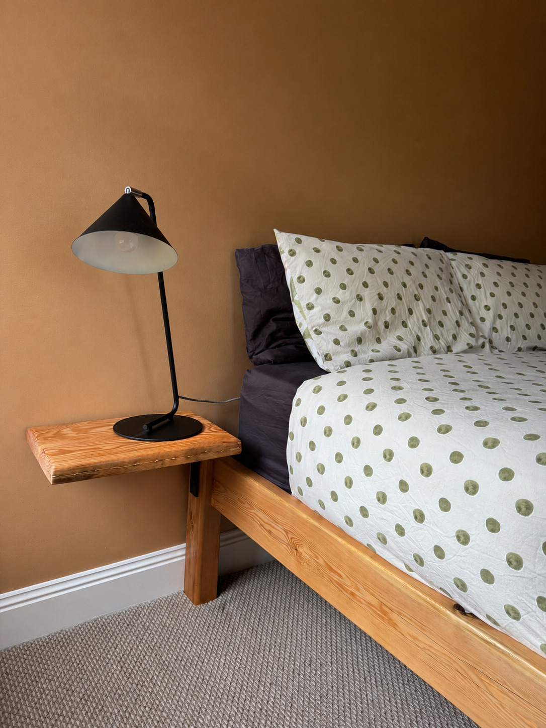 commissioned queen bed with floating side tables. recycled oregon deck joists. 